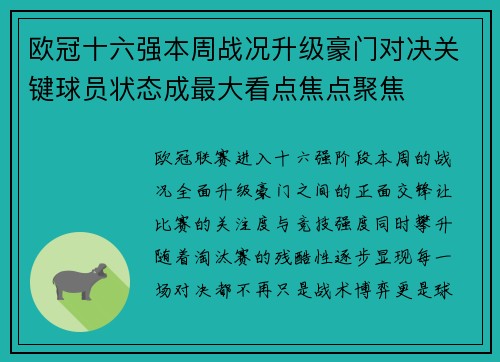欧冠十六强本周战况升级豪门对决关键球员状态成最大看点焦点聚焦 欧冠十六强本周战况升级豪门对决关键球员状态成最大看点焦点聚焦